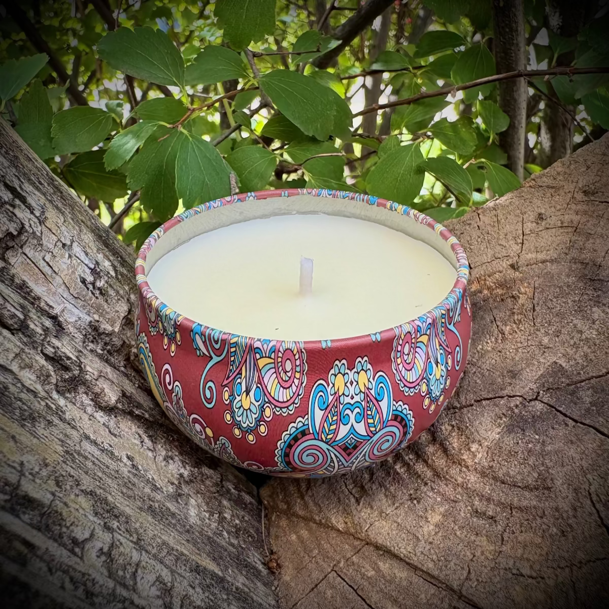 Decorative candle in a colorful holder on a tree stump with green leaves in the background