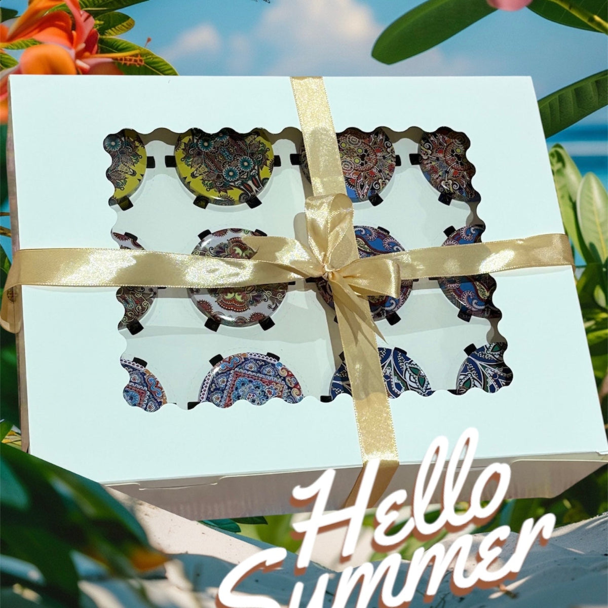 Packaged sunglasses with floral design on a 'Hello Summer' background