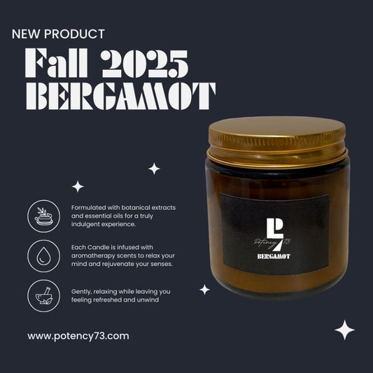 Brown candle jar with gold lid on a dark background, featuring text about 'Fall 2025 Bergamot' product.