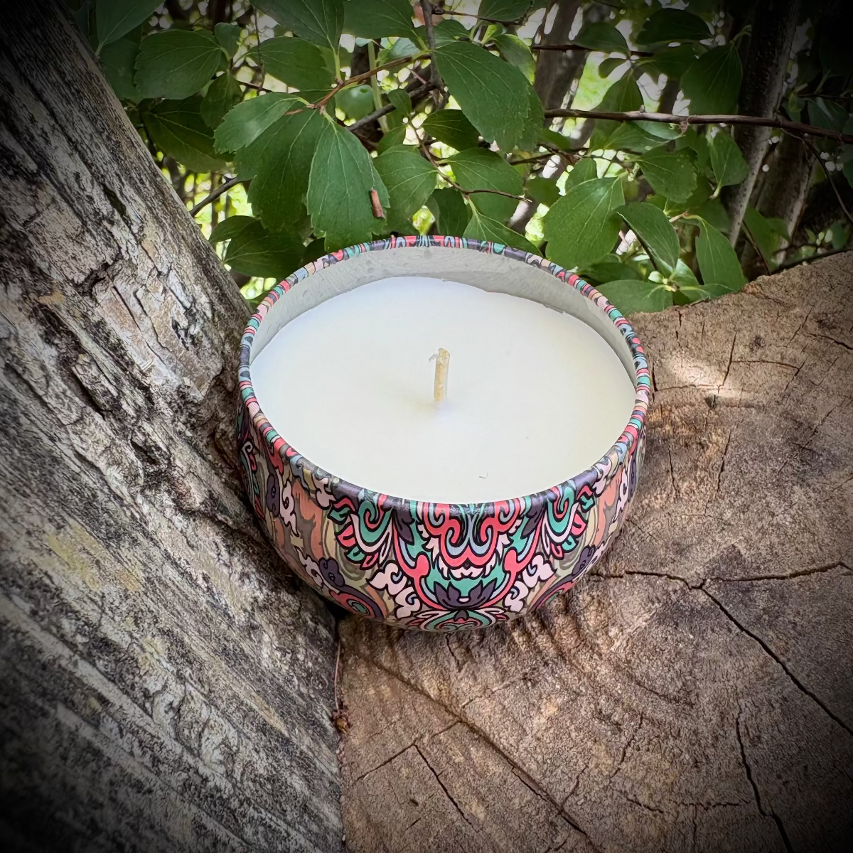 Decorative candle in a colorful holder on a tree stump with green leaves in the background