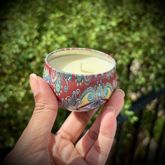 Hand holding a colorful candle with a paisley pattern against a green outdoor background