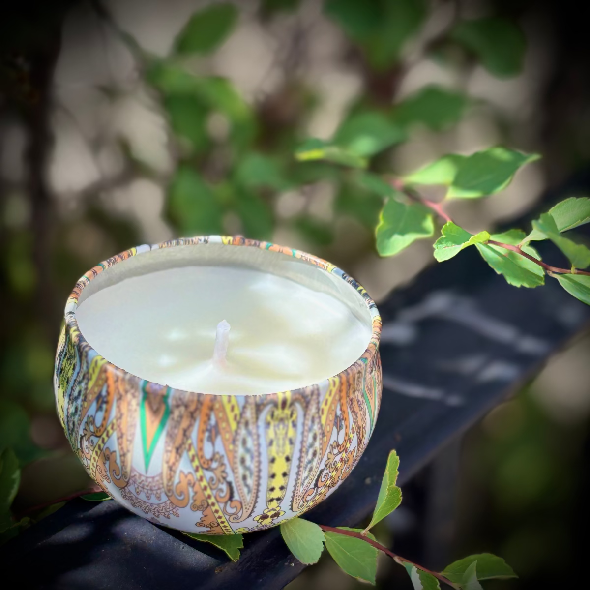 Candle in a decorative holder with green leaves in the background