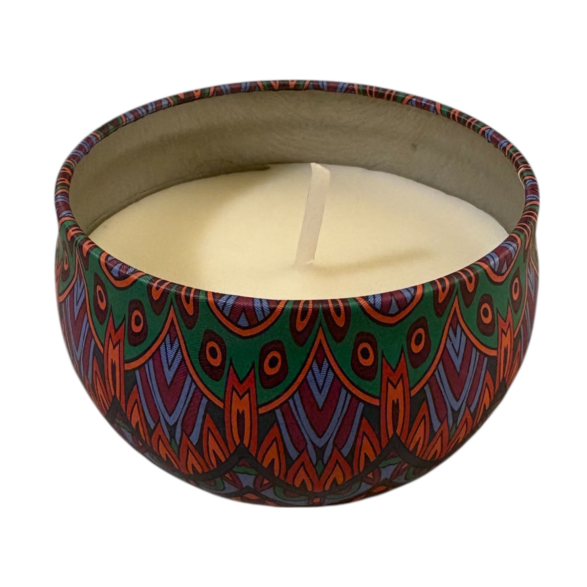 Decorative candle in a colorful holder on a white background